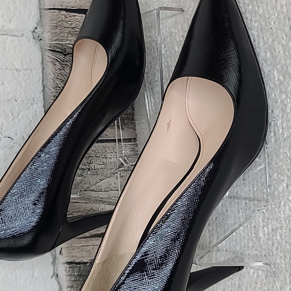 Prada Saffiano Vernice Textured Leather Pointy Toe Stiletto Pumps in Black - Picture 8 of 17